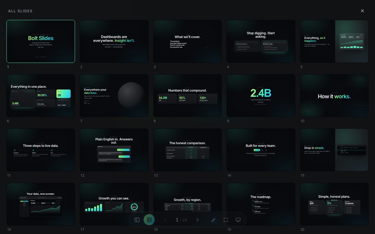 Bolt Slides' grid overview: the full 26-slide sample deck laid out on one screen